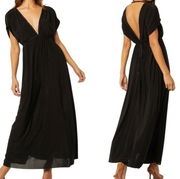 NWT Misa Los Angeles Antigone Size Large Black Maxi Dress‎ Plunge Front Vacation